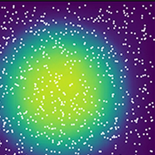 Simulated potassium spreading through extracellular space around a population of cells